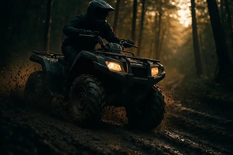 ATV climbing a muddy wooded trail