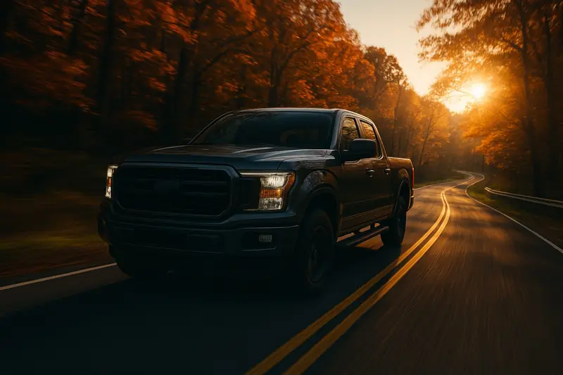 Pickup truck on a winding Maryland country road at sunset