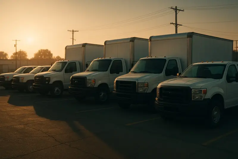 Commercial fleet of service trucks lined up at dawn