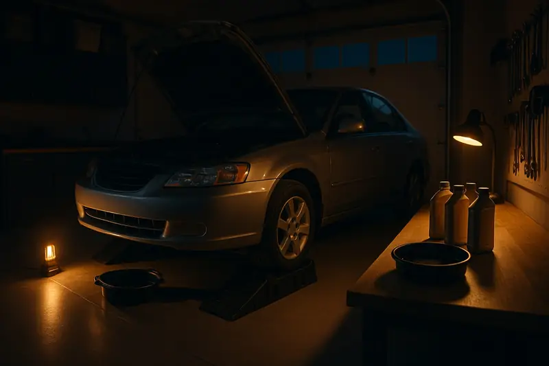 Do-it-yourself oil change in a home garage