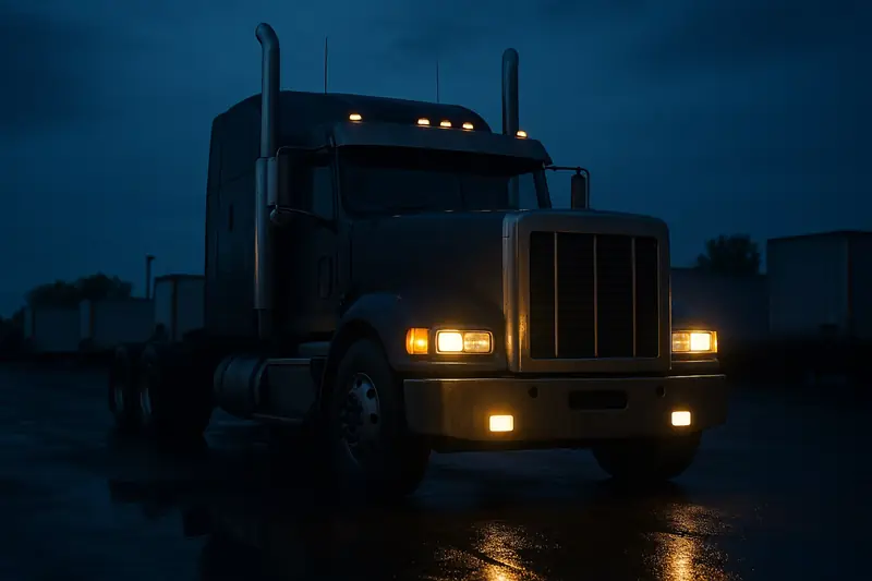 Heavy-duty semi truck at a truck yard at night