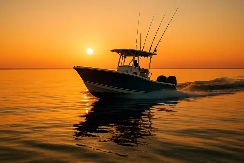 Center-console boat with outboard motors on the Chesapeake Bay at sunrise