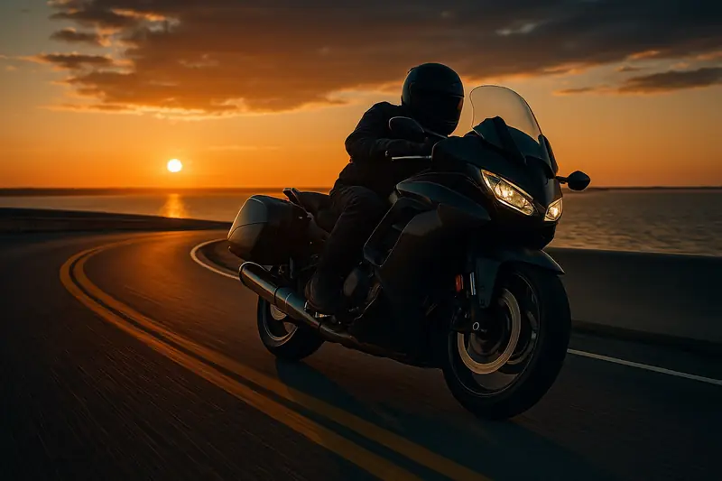 Touring motorcycle leaning into a curve beside the Chesapeake Bay