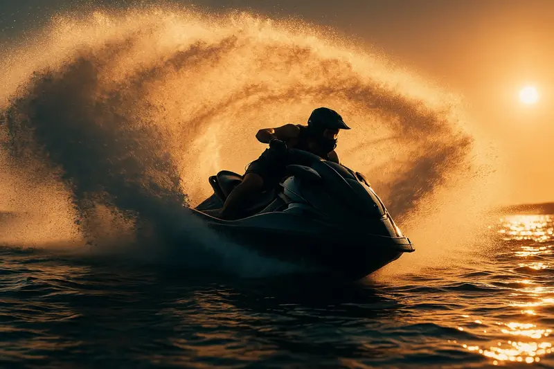 Personal watercraft carving a turn on open water
