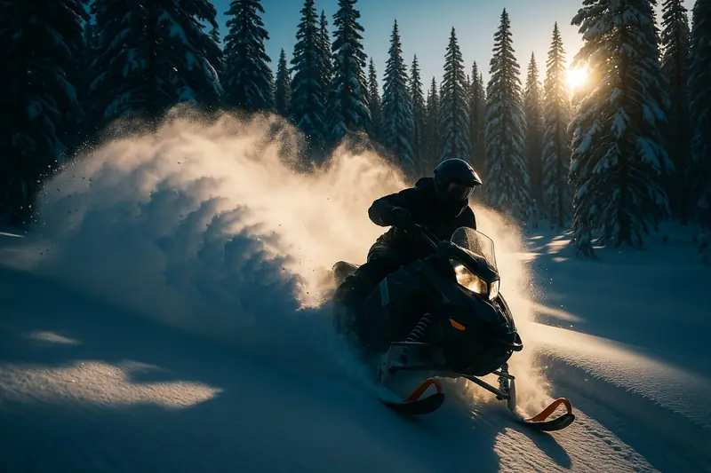Snowmobile carving through fresh powder