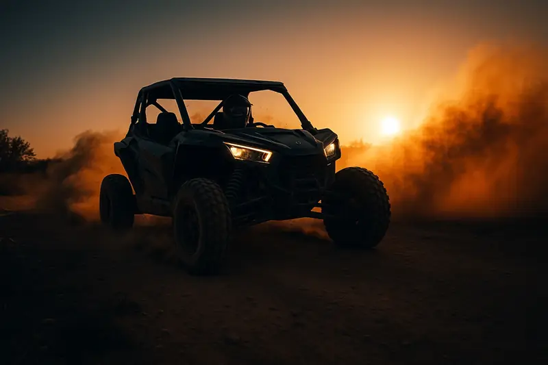 Side-by-side UTV kicking up dust at sunset