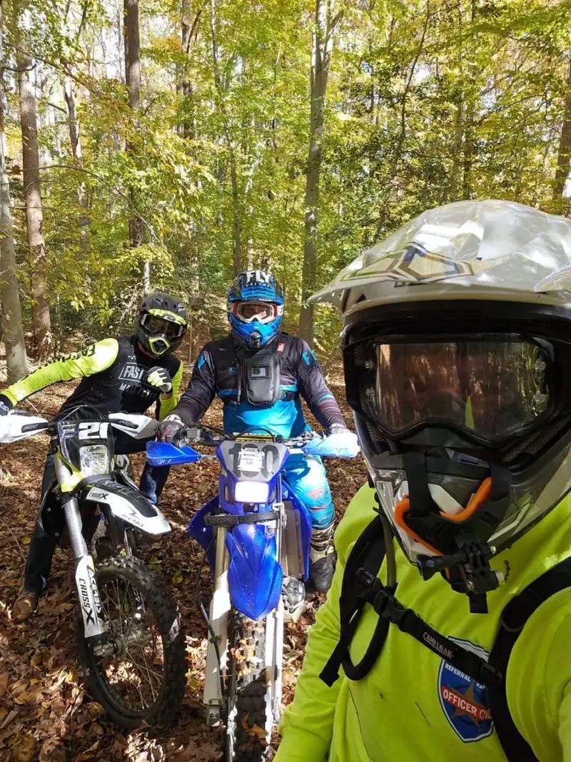 Riders on a wooded single-track trail near Lake Anna, Virginia